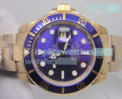 Replica Rolex Submariner Blue Dial Blue Bezel Gold Case Watch